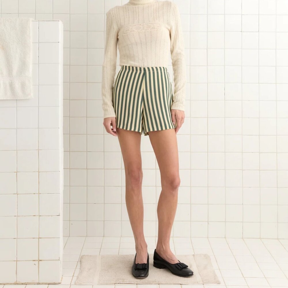 BODE Soda Stripe Short in Green & Cream sz 2 100% Silk